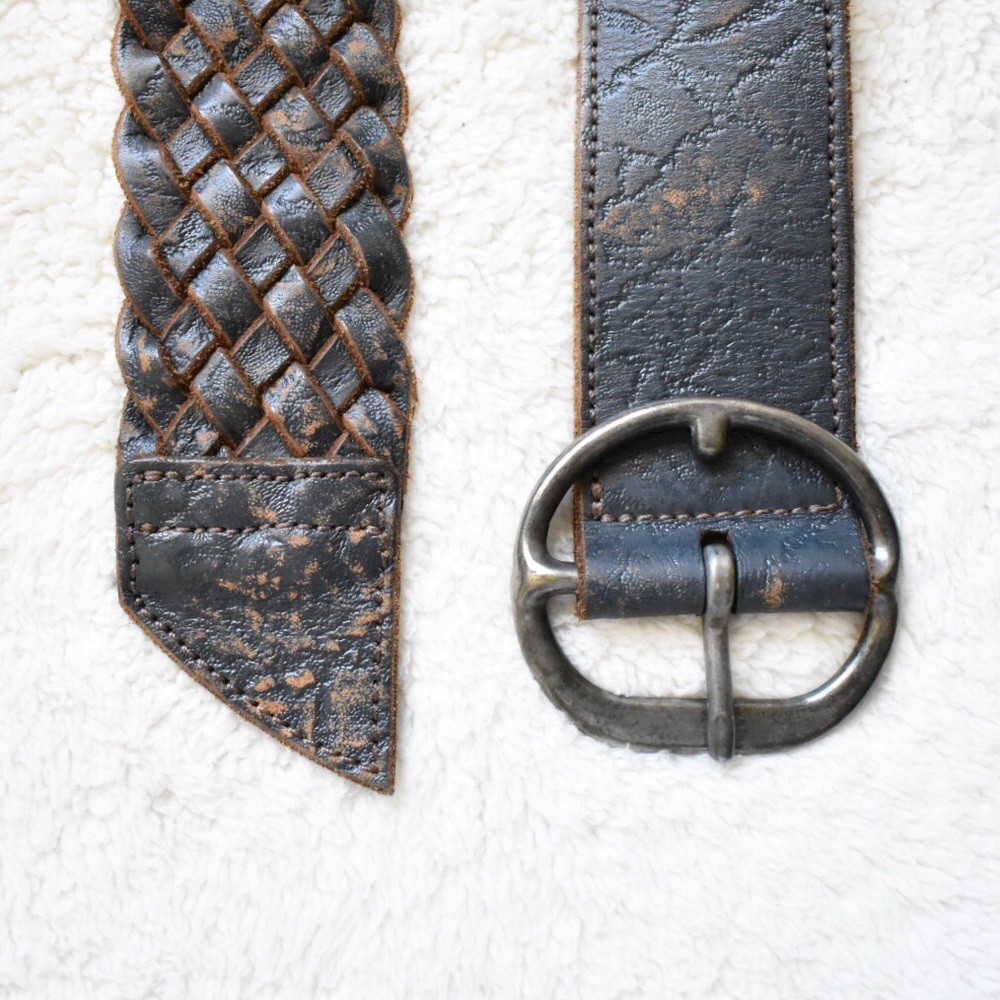 Arcangelo Blue Distressed Leather Braided Belt - Picture 2 of 12